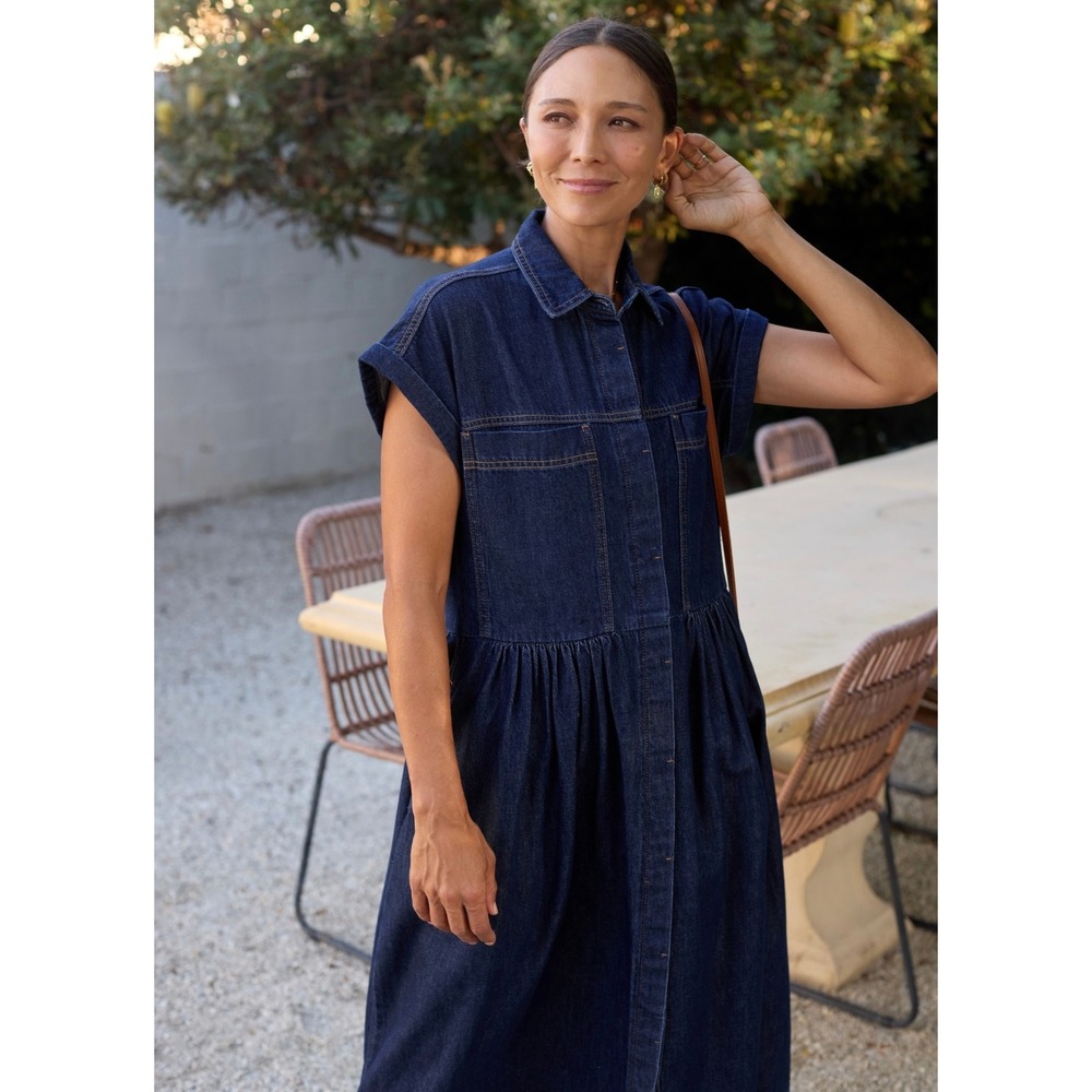 MAYE Harper Denim Dress Women XS Indigo Blue Button Front Midi Short Sleeve NEW - Picture 4 of 16